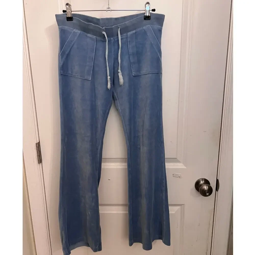 Vtg Y2K Juicy Couture Low Rise Blue Velour Flared Track Pants S Snap Pocket